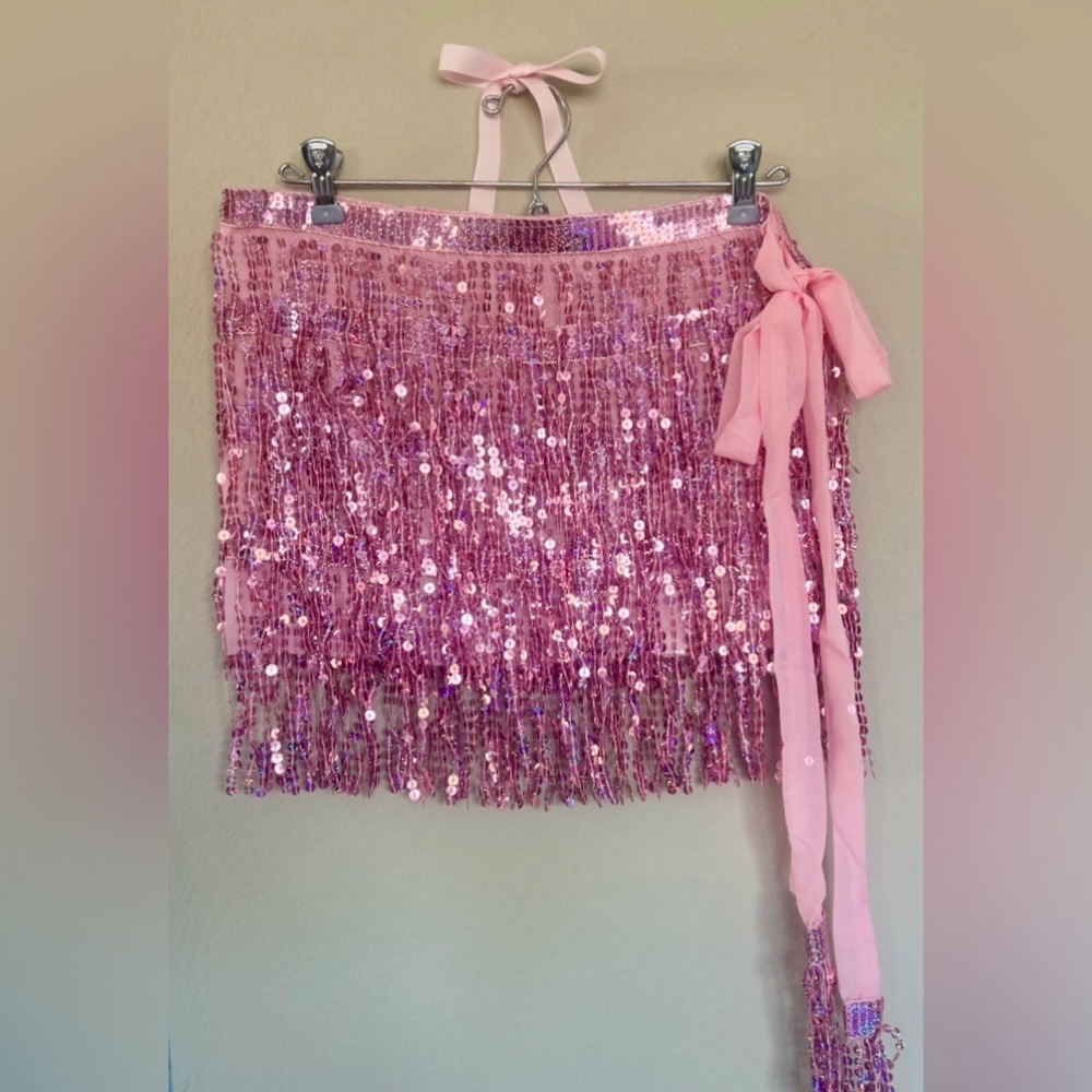 NWOT - Pink Sequin Fringe Skirt & Pink Heart-Shaped Sunglases